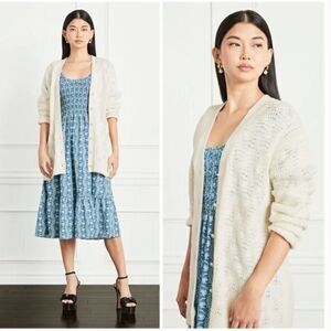 Hill House Simple Grandpa Wool Pearl Button Open Knit Cardigan Sweater Cream M